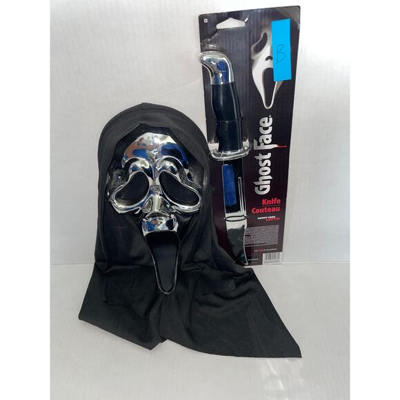 SCREAM GHOST FACE CHROME MASK AND BOWIE KNIFE HALLOWEEN COSTUME SET - Picture 1 of 8